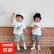 【兒童短袖套裝】2025韓國(guó)新款童裝半袖上衣男女童短袖短褲套裝 霸王龍綠色格短套 常規(guī) 80