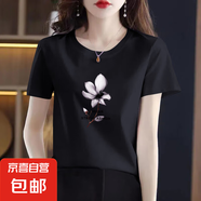 純棉短袖t恤女裝夏季新款韓版百搭圓領(lǐng)打底衫時(shí)尚洋氣印花上衣601 黑色茶花 M 【建議80-100斤】
