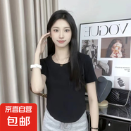 純欲風(fēng)短袖t恤女2025夏季薄款修身顯瘦圓領(lǐng)短款不規則打底上衣服 黑色 XL