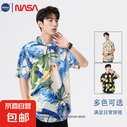 NASALIKE2025夏季薄款漸變色花紋寬松休閑花襯衣日系半袖上衣服 藍(lán)椰樹 -NASA-2361襯衫 M 【100-110斤】