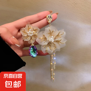 銀針流蘇花朵花卉長款仙女款耳墜耳釘女度假風(fēng)小眾手作夸張耳環(huán)女 32#銀針-乳白色珍珠不對稱