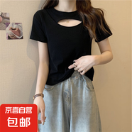 鏤空短袖T恤女夏季韓版新款小心機(jī)修身顯瘦糖果色學(xué)生上衣女潮ins 黑色 XXL