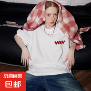 【重磅純棉】短袖t恤時(shí)尚印花白上衣情侶裝男女同款寬松潮流半袖 白色紅斜杠 L 【110-125斤】