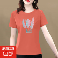 【送媽媽禮物】純棉短袖t恤女2025夏季百搭大碼女裝印花媽媽裝 磚紅羽毛 2XL 【建議125-135斤】
