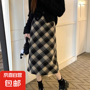 毛呢格子半身裙女秋冬加厚新款高腰中長(zhǎng)款ins超火A字開叉包臀裙子 黑色471拉鏈款 2XL