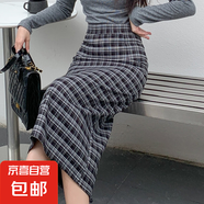 女裝復(fù)古格紋半身中長裙春裝包臀裙開叉格子顯瘦洋氣小清新S-XL 黑色 XL