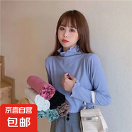 【休閑百搭】半高領(lǐng)春秋新款內(nèi)搭小貓修身打底衫長袖上衣t恤女 藍色(百搭高彈) 均碼90-135斤可穿