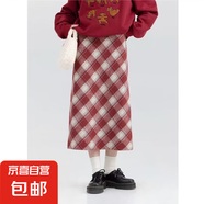 毛呢格子半身裙女秋冬加厚新款高腰中長款ins超火A字開叉包臀裙子 紅色471拉鏈款 2XL