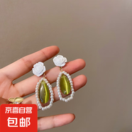 銀針鑲鉆水晶珍珠耳環(huán)歐美復古輕奢長款耳墜清新甜美高級感耳飾女 3#銀針-綠色珍珠花朵