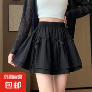 設計感蝴蝶結(jié)蓬蓬半身裙女夏季新款顯瘦高腰防a字蛋糕短裙子 黑色(有安全褲) L 【建議110-120斤】