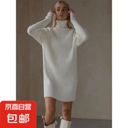 歐美跨境秋冬女裝高領(lǐng)包臀毛衣裙休閑寬松加厚坑條純色針織連衣裙 白色 L