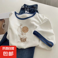 短袖t恤女夏季新款時尚美式復(fù)古印花撞色圓領(lǐng)上衣爆款通勤體恤衫 67款藍(lán)領(lǐng)【高品質(zhì)】 S  建議75-90斤