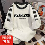 歐貨大版寬松圓領(lǐng)三條杠T恤女短袖美式復(fù)古潮牌純棉重磅半袖上衣 白灰 M