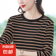 圓領條紋長袖t恤女士春秋季顯瘦女裝上衣體恤韓版大媽百搭打底衫 909-駝黑條紋 L 【建議95-110斤】
