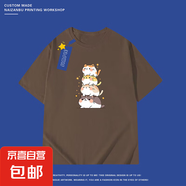 100%純棉短袖t恤男2025夏季寬松半袖學(xué)生情侶裝可愛(ài)貓咪印花體恤 咖啡色-四只小貓 S