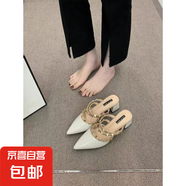 法式小眾仙女風(fēng)粗跟涼拖鞋女外穿2025年春夏絕美包頭鉚釘?shù)透鷽鲂?米白色 38