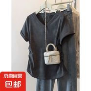 夏季新款扎染獨特設計短袖t恤女大碼寬松胖mm顯瘦遮肚V領百搭上衣 K24-深灰色 2XL 建議體重130-150斤