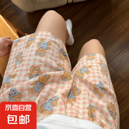 睡褲女夏季薄款親膚短褲女睡衣冰絲高腰寬松大碼 粉格小熊 2XL （120-150斤）
