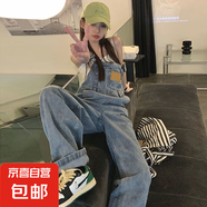 減齡氣質(zhì)設(shè)計感牛仔背帶褲女寬松2025年夏季大碼洋氣顯瘦連體長褲 藍色徽章背帶褲單件 2XL碼（建議125-140斤）