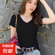 夏季新款白色短袖t恤女正肩純色百搭修身顯瘦圓領打底衫T恤女裝 炫V領短T黑 S