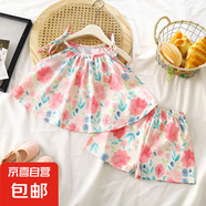 女童童裙套裝新款女孩夏季吊帶寶寶背心裙韓版系帶裙2件15xk1199 系帶套裝-粉色花朵 80 cm