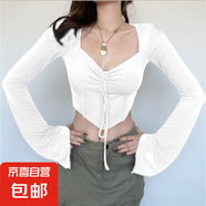 2024歐美秋冬女裝ins潮牌網(wǎng)紅辣妹掛脖魚(yú)骨方領(lǐng)性感露臍顯瘦T恤女 白色 S