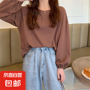 2024韓版chic甜美復(fù)古顯瘦抽褶燈籠袖上衣減齡早秋長袖T恤女 棕色 XL
