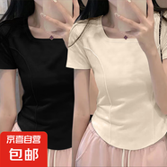 白色圓領(lǐng)魚(yú)骨線短袖t恤女2025年新款內(nèi)搭純欲辣妹修身百搭上衣服 951-黑色+杏色 XL