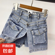 不規(guī)則假兩件拼接牛仔短褲女2024夏季新款設(shè)計感高腰顯瘦a字熱褲 藍色牛仔短褲單件 S碼（建議80-95斤）