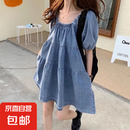 減齡氣質(zhì)泡泡袖牛仔連衣裙女夏季薄款大碼胖mm收腹顯瘦方領(lǐng)短裙子 藍(lán)色泡泡袖牛仔連衣短裙單件 S