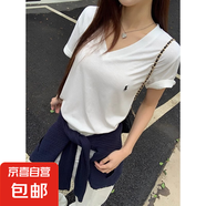 冰感純棉小馬標(biāo)V領(lǐng)短袖白t恤女夏季新款寬松簡(jiǎn)約體恤正肩上衣短T 冰感純棉V領(lǐng)-白色0247小馬標(biāo)印花 2XL 參考125-140斤