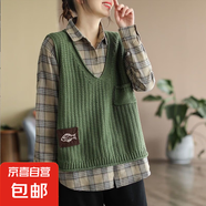 復(fù)古貼標(biāo)V領(lǐng)馬甲針織背心女春季新款大碼寬松休閑套頭馬夾 綠色 均碼