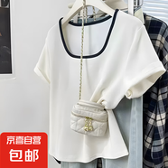 早春新款小眾設(shè)計撞色感顯瘦百搭t恤法式方領(lǐng)拼接正肩短袖t恤女 R283-白色 XL 建議115-130斤