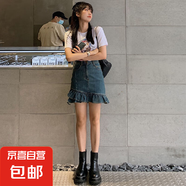 設計感防走光牛仔短裙女夏季薄款大碼荷葉邊高腰顯瘦a字半身裙子 藍色防走光牛仔短裙單款(有內襯) L