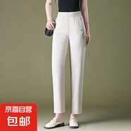 9260冰絲雙色麻中國(guó)風(fēng)九分休閑褲媽媽夏季顯瘦高腰中年女褲子春秋 米白色 32