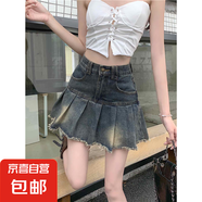 復(fù)古毛邊牛仔百褶裙女夏季新款辣妹高腰百搭顯瘦防走光a字短裙子 藍色 M
