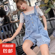減齡氣質(zhì)設(shè)計感牛仔背帶短褲女夏季2024薄款大碼洋氣顯瘦連體褲子 藍(lán)色徽章背帶短褲單件 3XL