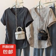 夏季新款扎染獨(dú)特設(shè)計(jì)短袖t恤女大碼寬松胖mm顯瘦遮肚V領(lǐng)百搭上衣 K24-深灰色+卡其色 XL 建議體重115-130斤