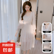 小清新V領(lǐng)收腰碎花裙女春夏季中長(zhǎng)款百搭顯瘦長(zhǎng)袖雪紡連衣裙J853 淺粉小花 M （95-110斤）