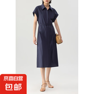 高級(jí)時(shí)尚翻領(lǐng)襯衫裙春新款短袖連衣裙女翻領(lǐng)設(shè)計(jì)中長(zhǎng)裙子夏 深鈷藍(lán) L