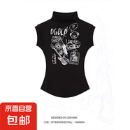 純欲風(fēng)辣妹設(shè)計感正肩棉質(zhì)半高領(lǐng)T恤女夏季新款收腰顯瘦短款上衣 1011黑色 XL 【建議110-120斤】