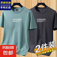 花花公子純棉短袖T恤男士2025夏季新款時尚寬松圓領(lǐng)休閑運(yùn)動打底 2060【100%純棉】豆綠+鐵灰 4XL 建議【165-180斤】
