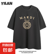 220克純棉Mardi短袖四葉草印花圓領(lǐng)短袖美式徽章夏季百搭T恤上衣 深灰色 L