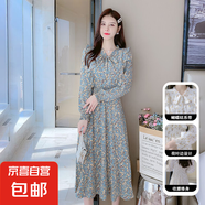 氣質(zhì)連衣裙女春夏季長(cháng)袖碎花裙溫柔風(fēng)收腰系帶蝴蝶結中長(cháng)裙J8259 茶綠色 M （95-110斤）
