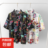 港風(fēng)復(fù)古vintage花襯衫短袖泰式夏威夷風(fēng)設(shè)計(jì)感痞帥寬松襯衣男女 玖度-1128黑色（高質(zhì)量） L