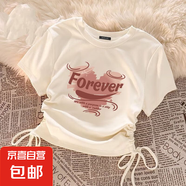 新中式女童純色短款上衣夏季兒童洋氣薄半袖中大童抽繩設計款短袖 白色 For凌亂愛心 160