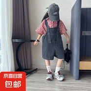 女童夏季套裝2025新款格子短袖背帶褲中大童女孩牛仔洋氣兩件套潮 牛仔背帶短褲 薄款 160