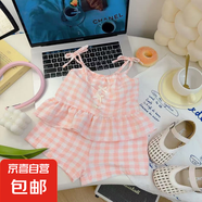 【兒童吊帶套裝】女童夏季格子控蝴蝶背心裙女寶洋氣格子短褲 粉色 100 碼建議身高85-95cm