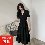 連衣裙夏V領(lǐng)裙子女夏顯瘦中長款仙女裙寬松時(shí)尚赫本風(fēng)小黑裙 黑色 M