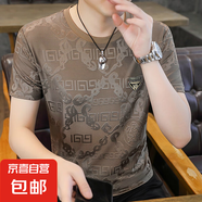 清倉冰絲短袖t恤男寬松潮牌高端提花男裝大碼胖子T恤衫半袖上衣潮 【冰絲涼感跑量】CSF136卡其 3XL 建議體重140-150斤可穿